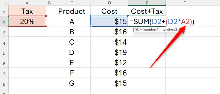 Công thức Excel đang được chỉnh sửa với con trỏ nằm ở giữa tham chiếu ô A2