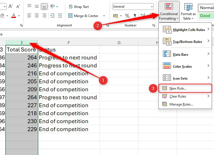Cột E chứa tổng điểm được chọn trong bảng tính Excel và tùy chọn New Rule trong menu Conditional Formatting được đánh dấu