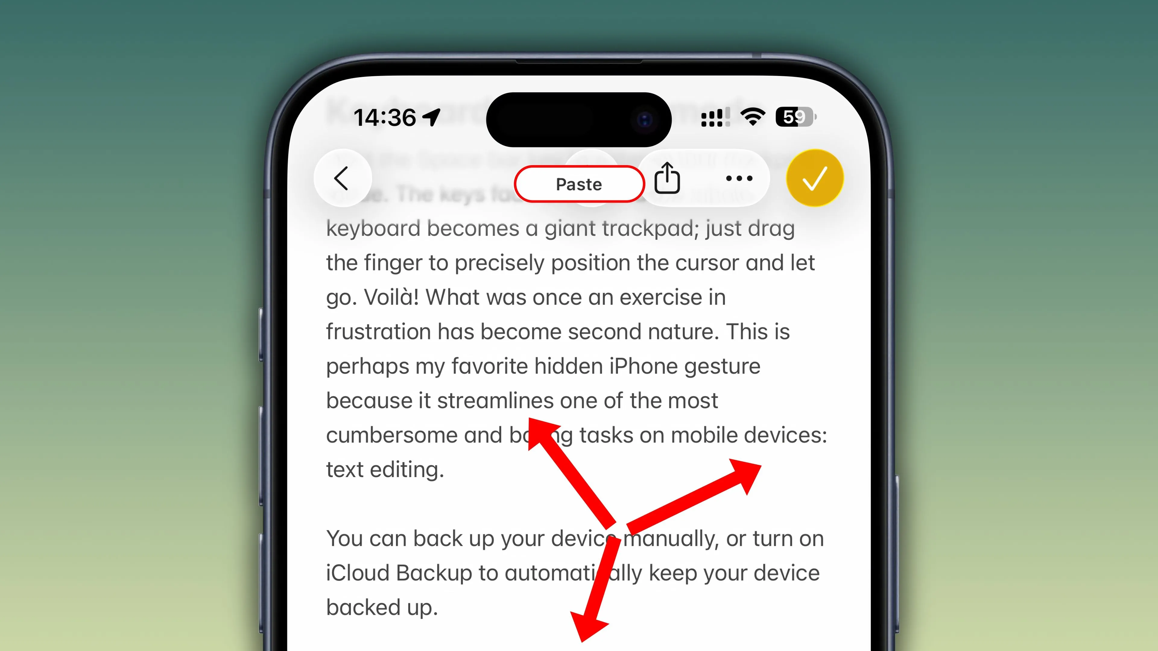 Cử chỉ xòe ba ngón tay để dán nội dung vào ứng dụng Ghi chú trên iPhone