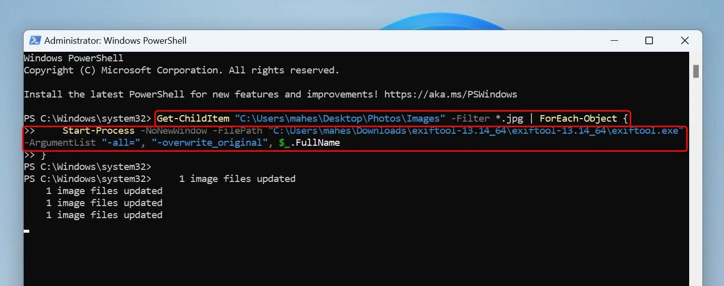 Cú pháp lệnh PowerShell để xóa dữ liệu EXIF hàng loạt từ các tệp ảnh.