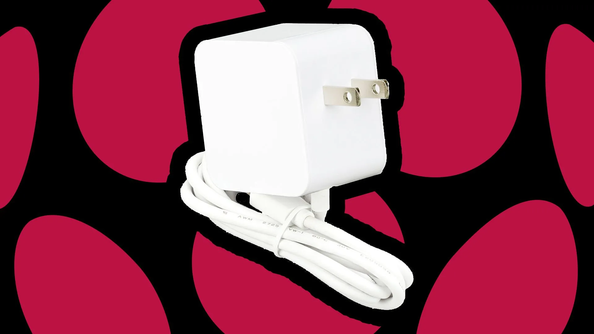 Củ sạc Raspberry Pi 45W USB-C màu trắng, phụ kiện mới của Raspberry Pi dùng cho các bo mạch và thiết bị khác.