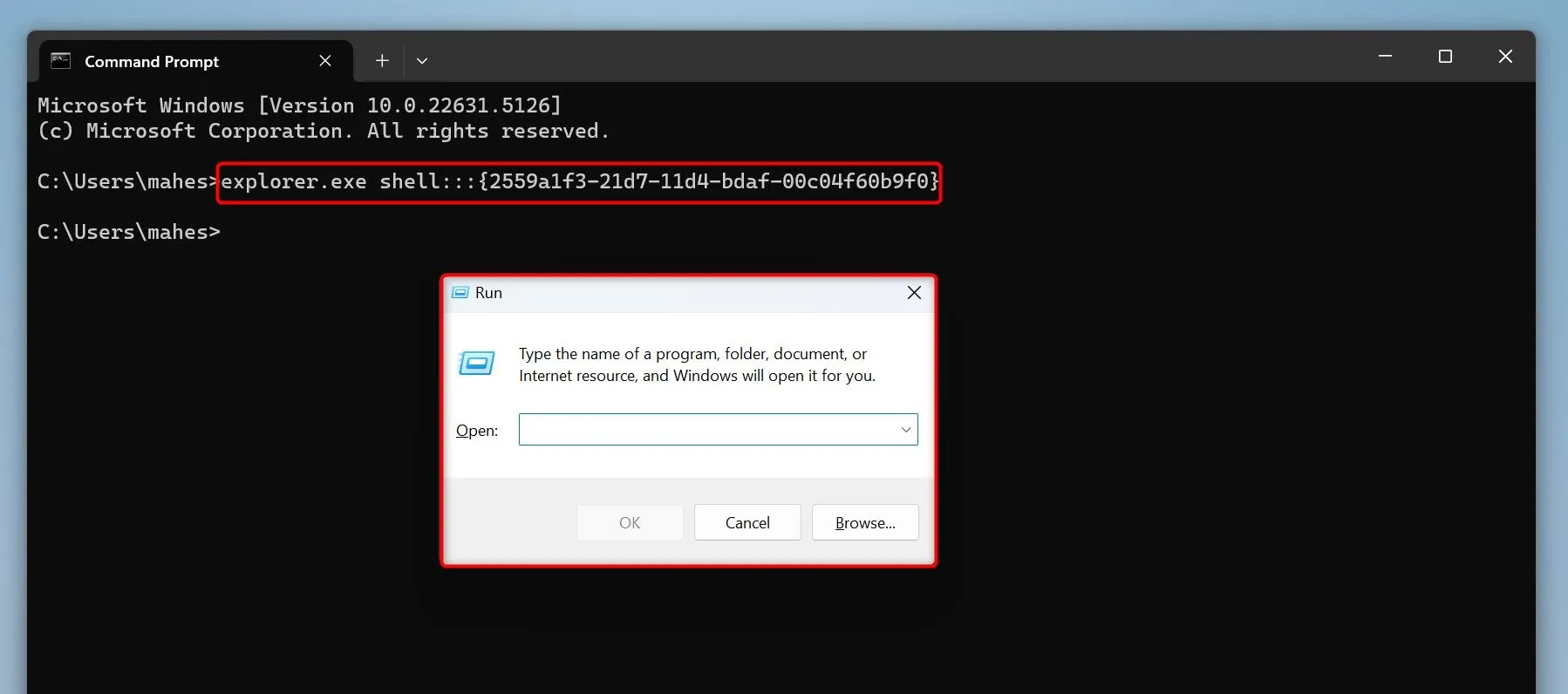 Cửa sổ Command Prompt hiển thị lệnh để mở hộp thoại Run trên Windows 11.
