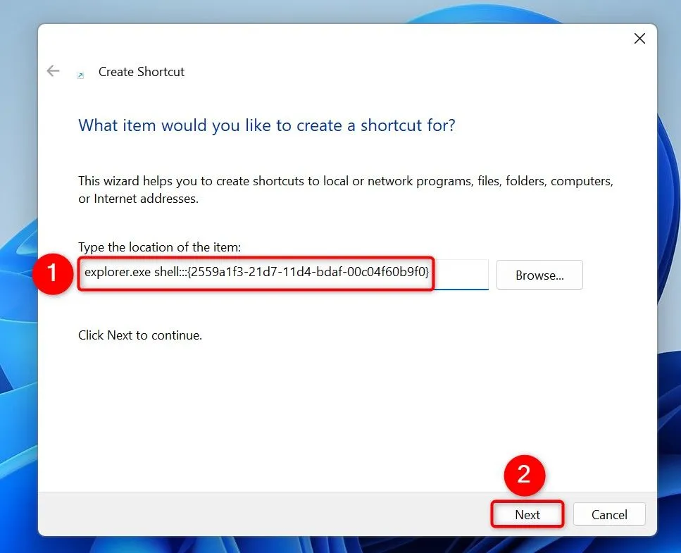 Cửa sổ 'Create Shortcut' hiển thị đường dẫn để tạo lối tắt mở hộp thoại Run trên màn hình Windows 11.