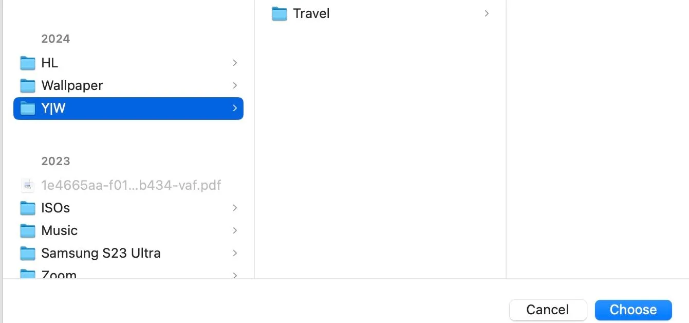 Cửa sổ Finder hiển thị cách chọn một thư mục cụ thể để ngăn Spotlight tìm kiếm trên Mac, giúp bảo vệ dữ liệu cá nhân.