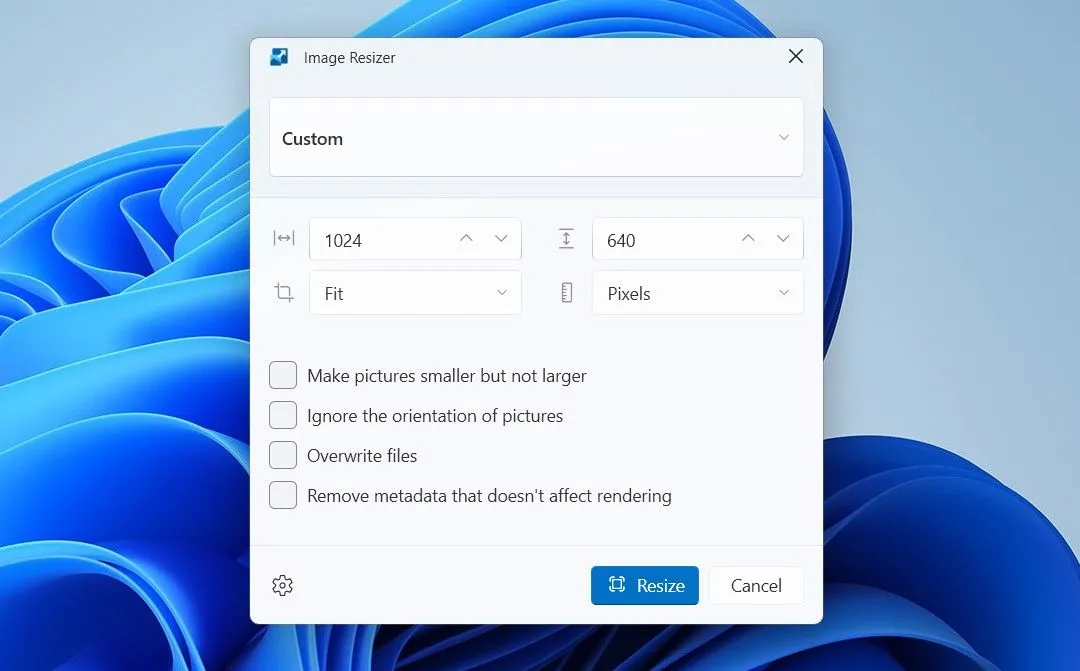 Cửa sổ Image Resizer trên Windows 11 với các tùy chọn kích thước ảnh