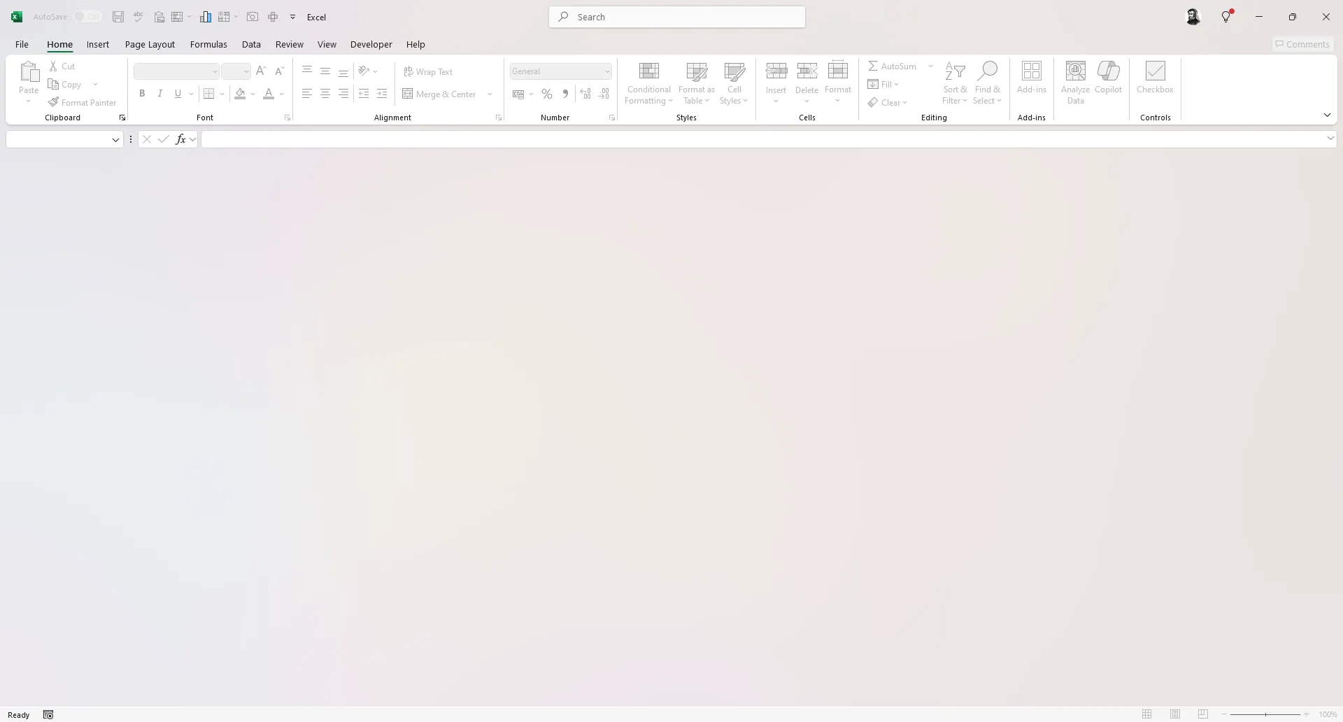 Cửa sổ Microsoft Excel được mở mà không có workbook nào đang hoạt động