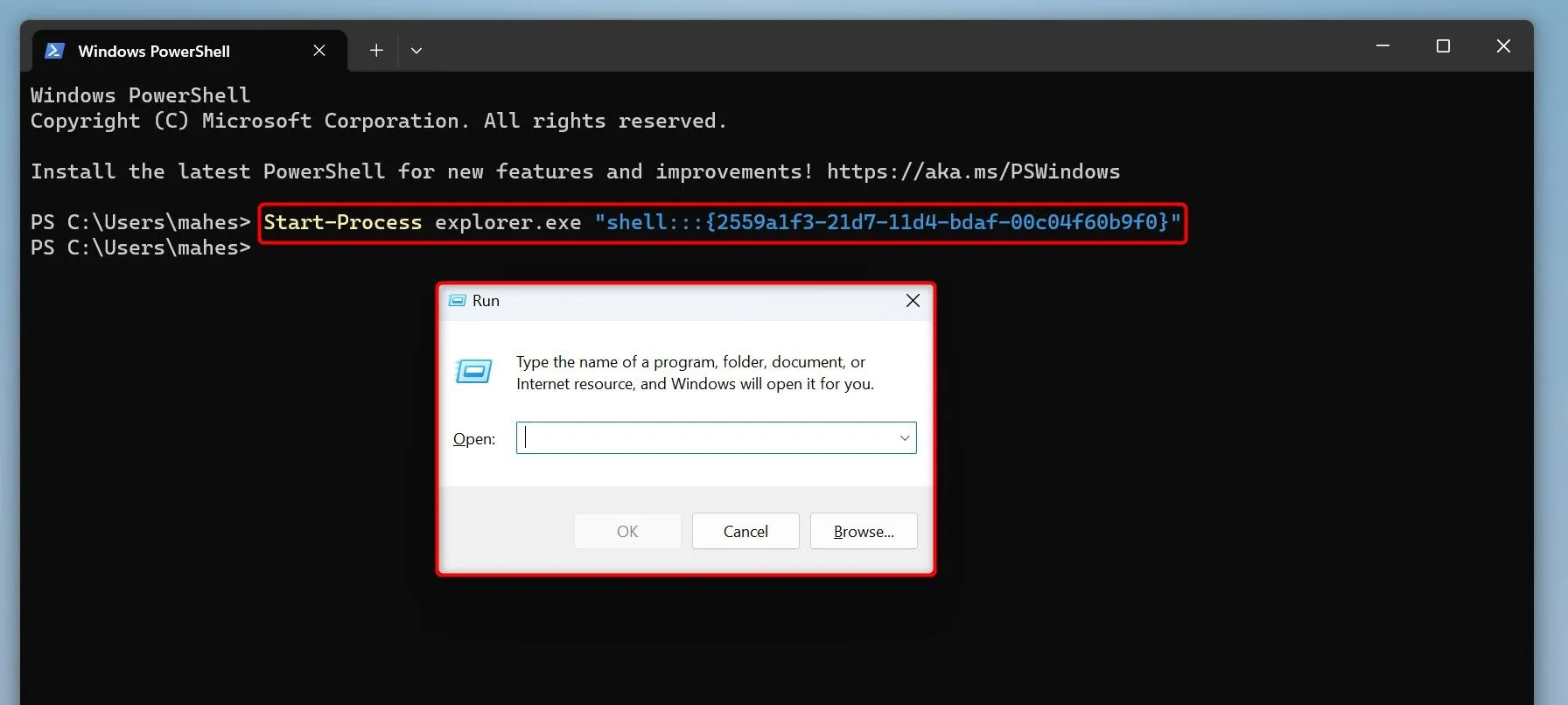 Cửa sổ PowerShell hiển thị lệnh cmdlet để khởi chạy hộp thoại Run trên Windows 11.
