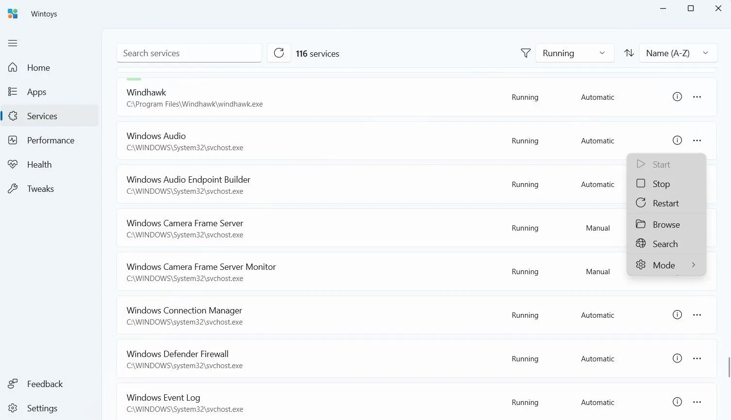 Cửa sổ Services (Dịch vụ) trong Wintoys, nơi người dùng có thể quản lý các dịch vụ của Windows như dừng, khởi động lại.
