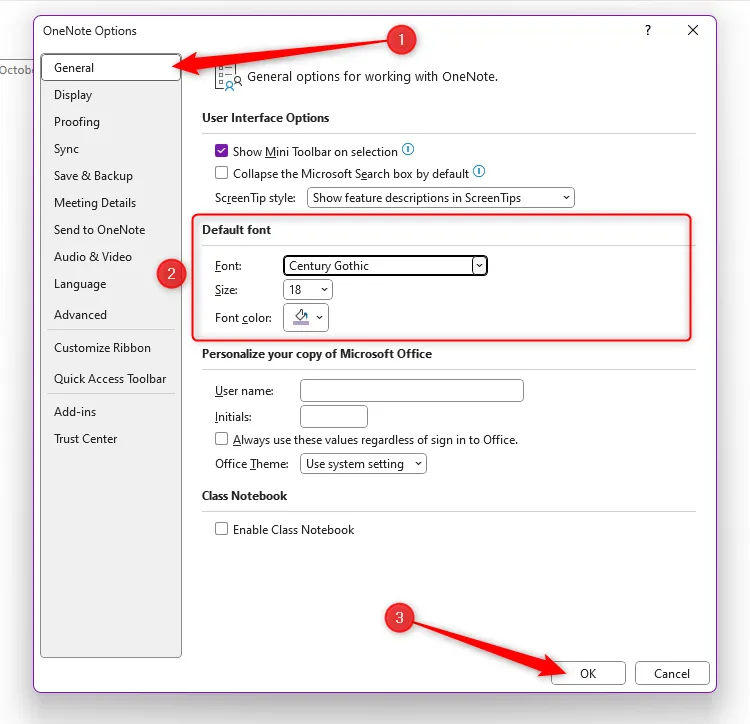 Cửa sổ Tùy chọn OneNote, tab Chung (General), với phần cài đặt phông chữ mặc định được đánh dấu.