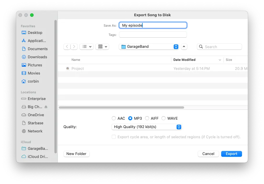 Cửa sổ xuất tệp trong GarageBand, cho phép lựa chọn định dạng MP3 và cài đặt chất lượng trước khi xuất bản podcast.