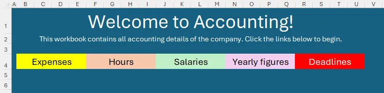Dải banner đã định dạng trong trang tính Excel, hiển thị các siêu liên kết đến các trang tính khác với phông chữ lớn hơn và màu sắc tương phản.