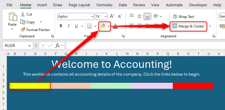 Dải liên kết điều hướng được thêm vào bảng tính Excel, với mỗi liên kết có màu nền khác nhau và các ô bên trong được gộp lại.