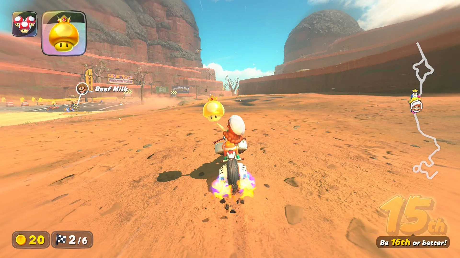 Daisy sử dụng Nấm tăng tốc để đi tắt qua địa hình khó trong Mario Kart World, tối ưu đường đua.