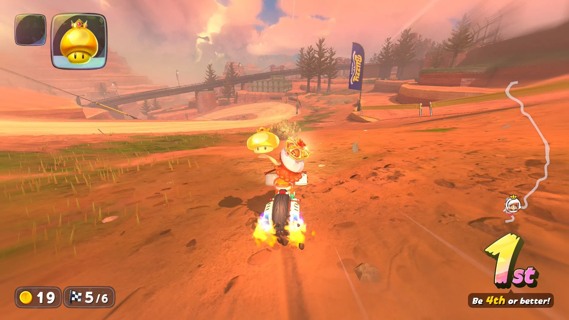 Daisy sử dụng Nấm Tăng Tốc Vàng trong Mario Kart World để bứt tốc vượt lên dẫn đầu.