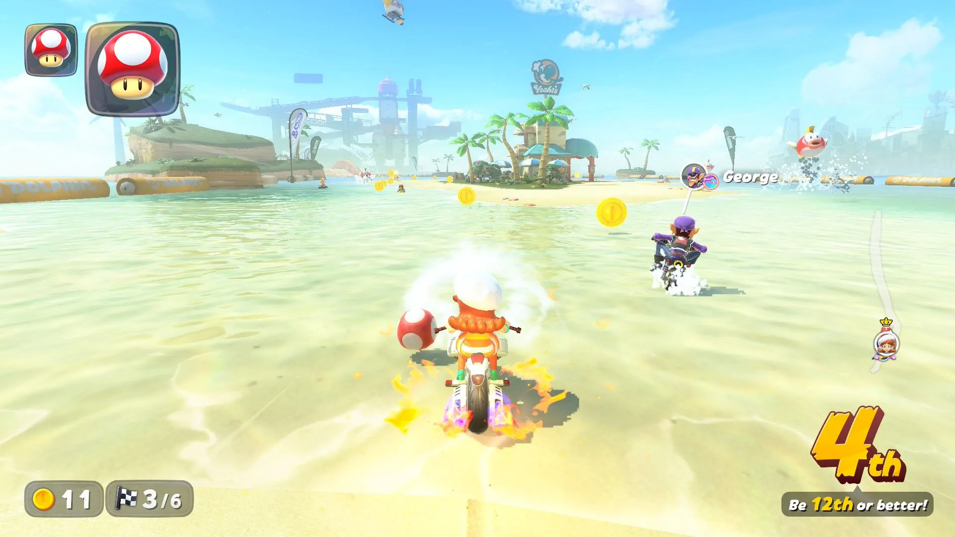 Daisy tận dụng luồng gió (drafting) sau lưng đối thủ trong Mario Kart World để tăng tốc.