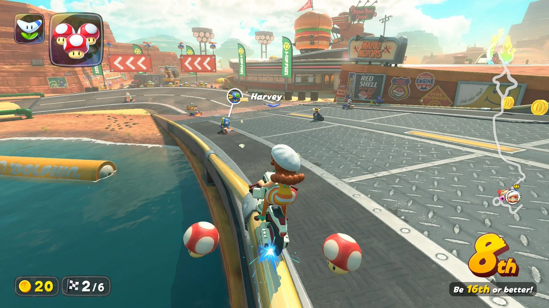 Daisy thực hiện động tác trượt ray trong Mario Kart World, minh họa việc tận dụng môi trường đường đua.
