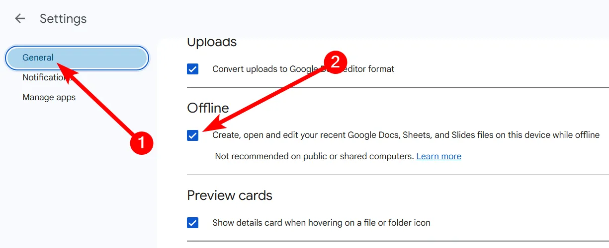 Đánh dấu tùy chọn &quot;Offline&quot; trong cài đặt chung của Google Drive để làm việc không cần mạng