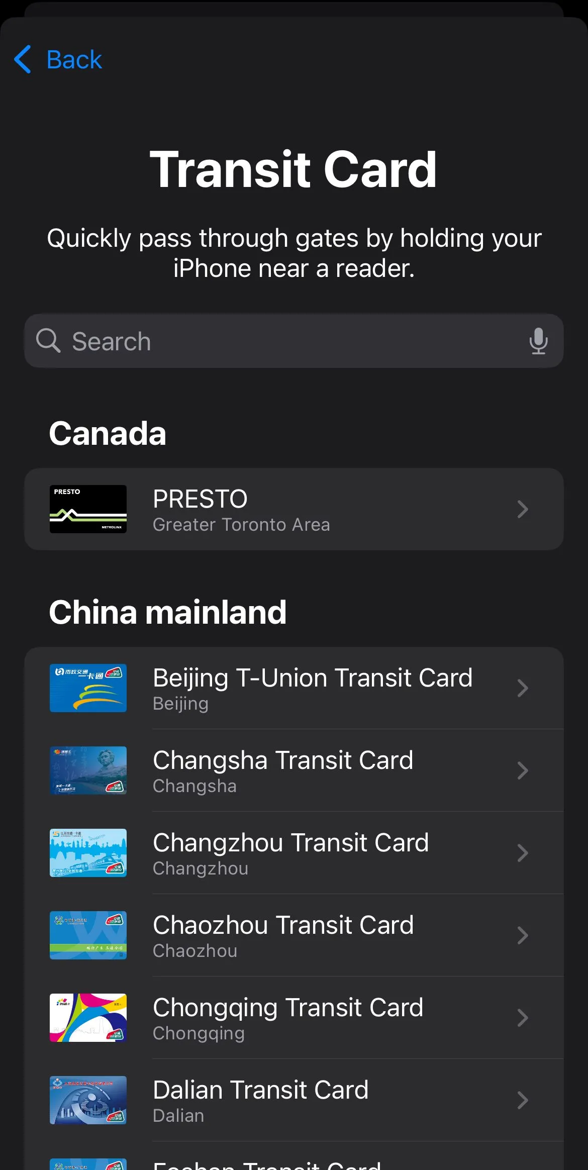 Danh sách các thẻ giao thông công cộng có thể thêm vào ứng dụng Apple Wallet trên iPhone.
