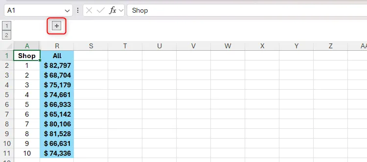 Dấu cộng trong Excel cho biết các cột đã nhóm đang bị ẩn, sẵn sàng để mở rộng.