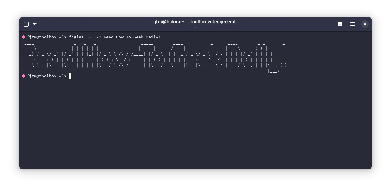 Đầu ra của lệnh figlet in dòng chữ &quot;Read How-To Geek&quot; dưới dạng nghệ thuật ASCII trong terminal Linux.