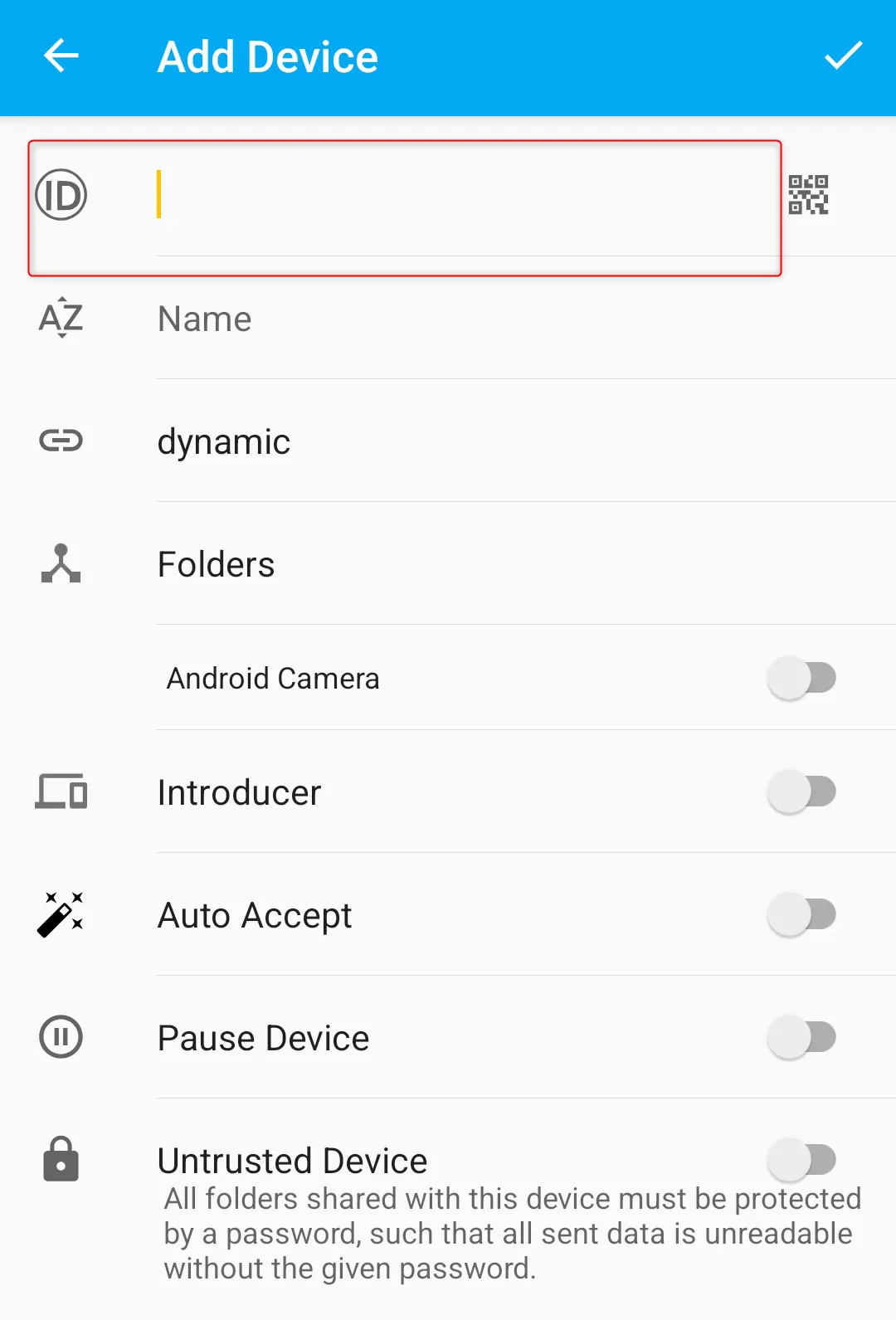 Điền ID Syncthing của PC vào ứng dụng Syncthing trên điện thoại Android để thêm thiết bị.