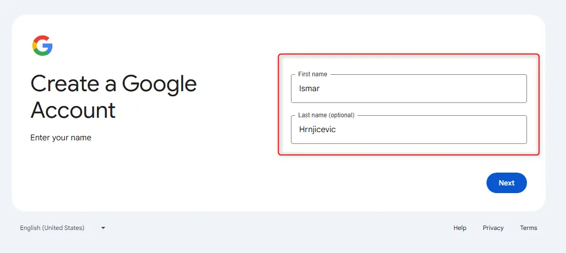 Điền tên và họ để đăng ký tài khoản Google