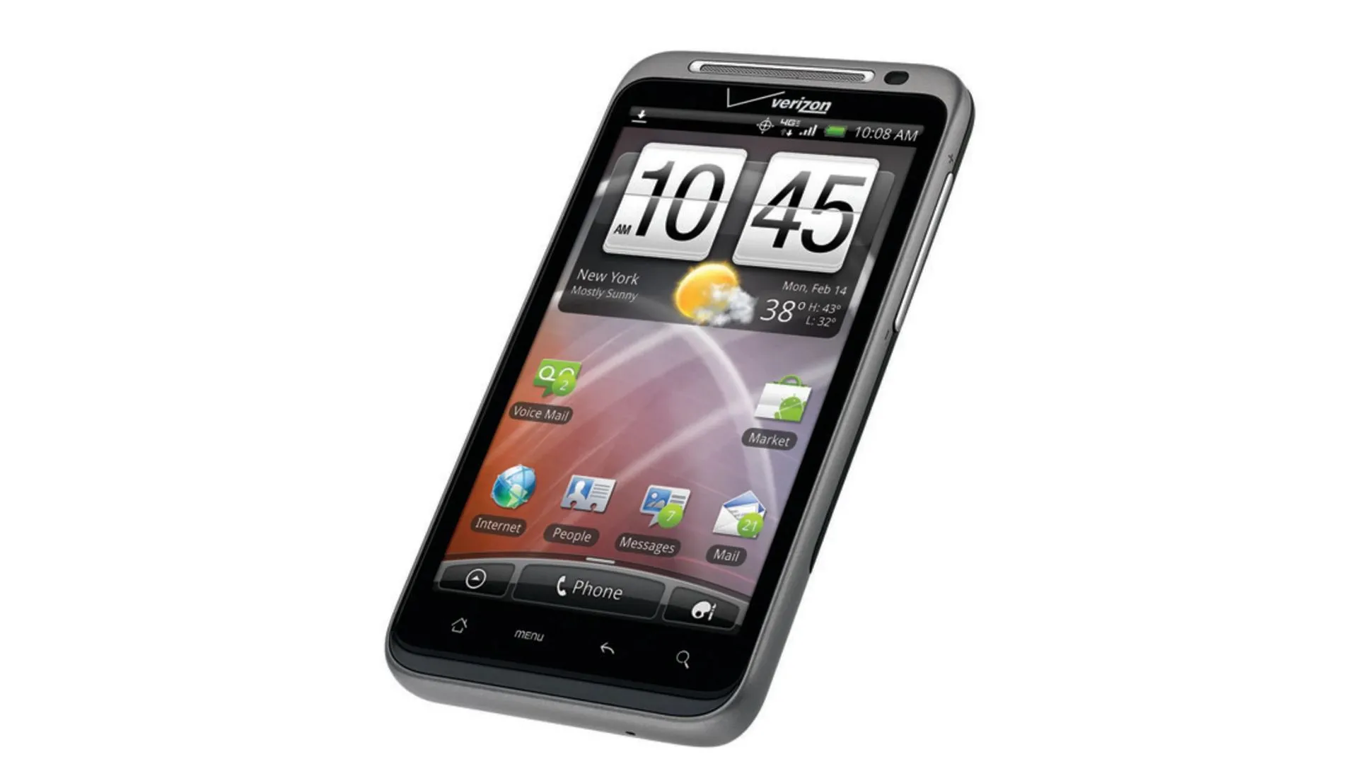 Điện thoại HTC ThunderBolt với màn hình lớn và logo HTC rõ ràng, đại diện cho mẫu smartphone 4G LTE đầu tiên của Verizon gặp vấn đề về pin.