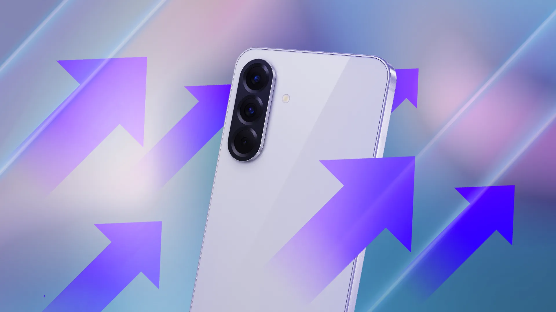 Điện thoại Samsung Galaxy A56 với các mũi tên màu xanh hướng lên, tượng trưng cho hiệu suất và trải nghiệm được cải thiện nhờ các tính năng tối ưu của One UI.