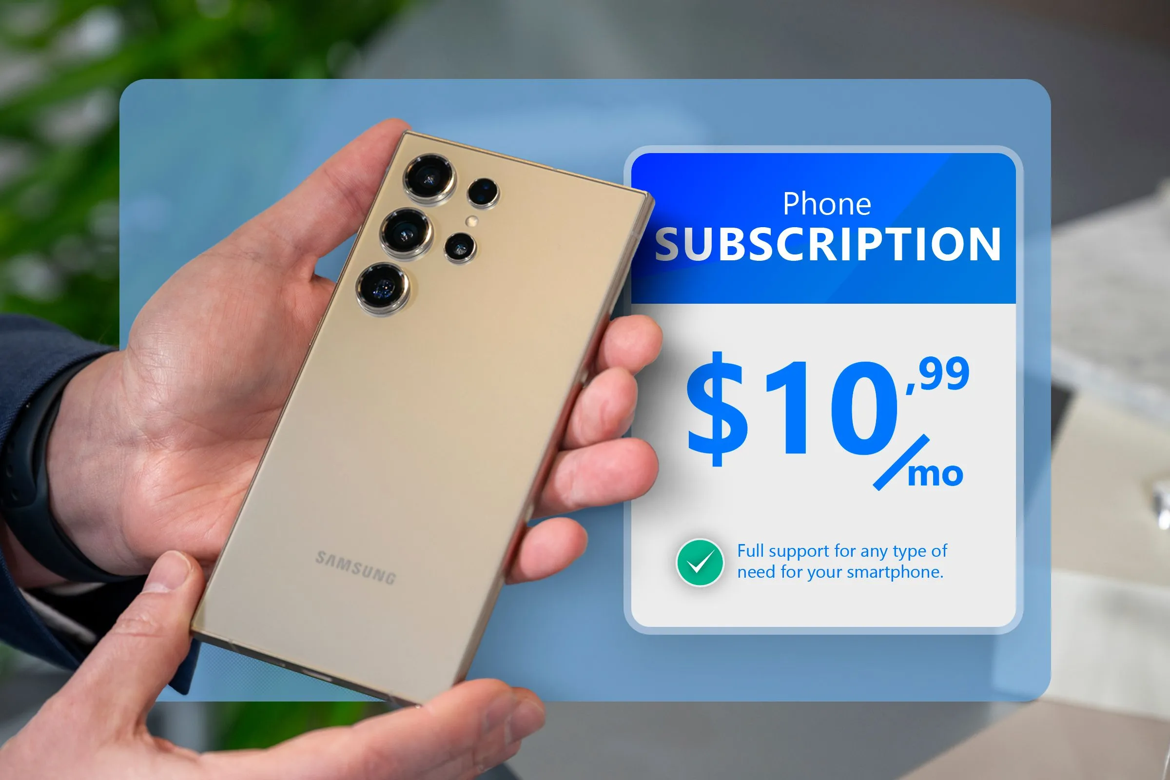 Điện thoại Samsung Galaxy và thẻ gói dịch vụ minh họa việc so sánh giá cước giữa các nhà mạng di động.