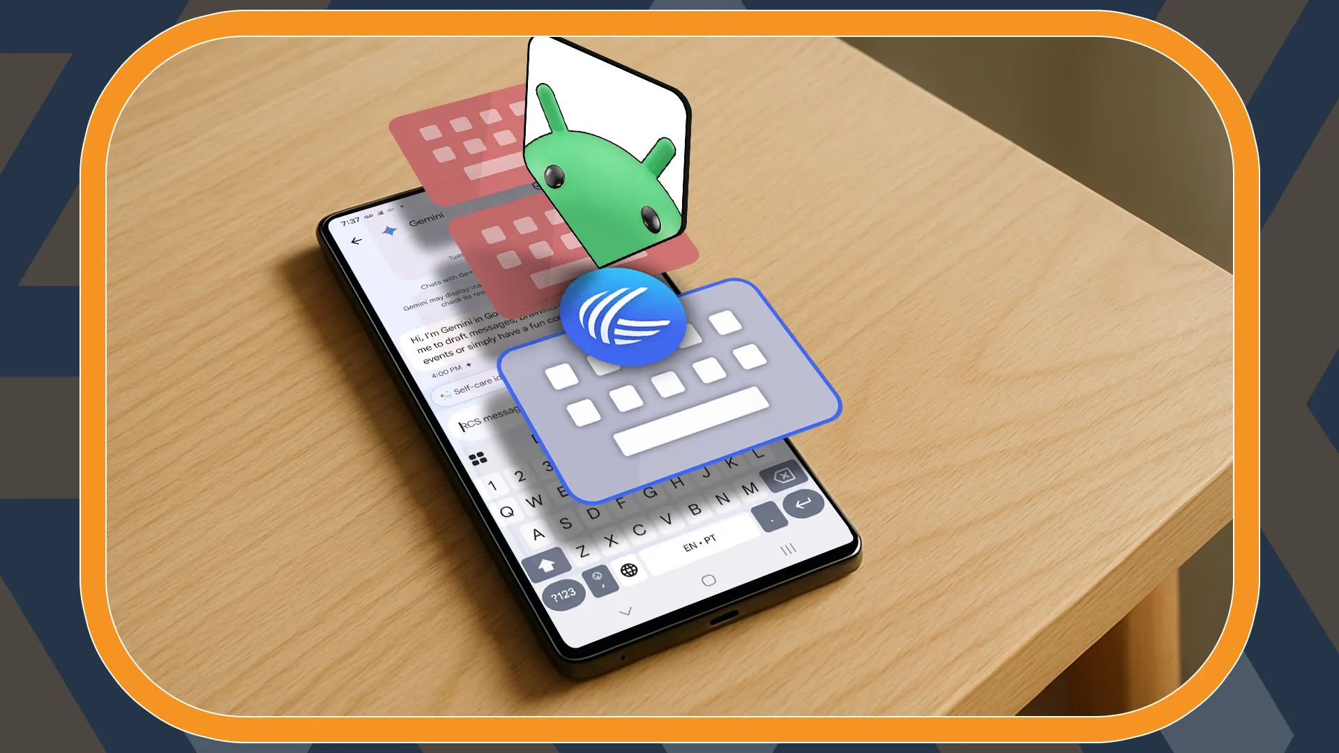Điện thoại thông minh Android với nhiều biểu tượng bàn phím ảo nổi trên màn hình và linh vật Android, tượng trưng cho việc lựa chọn bàn phím tốt nhất.