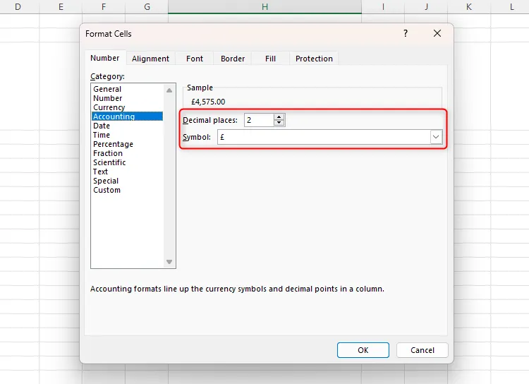 Định dạng kế toán Accounting của Excel trong hộp thoại Format Cells với các tùy chọn số chữ số thập phân và ký hiệu được tô sáng