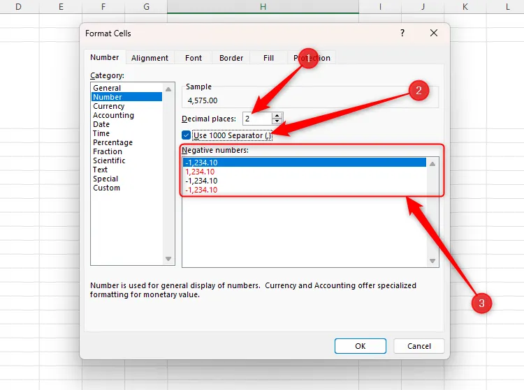 Định dạng số Number trong Excel với ba tùy chọn điều chỉnh hiển thị số được tô sáng