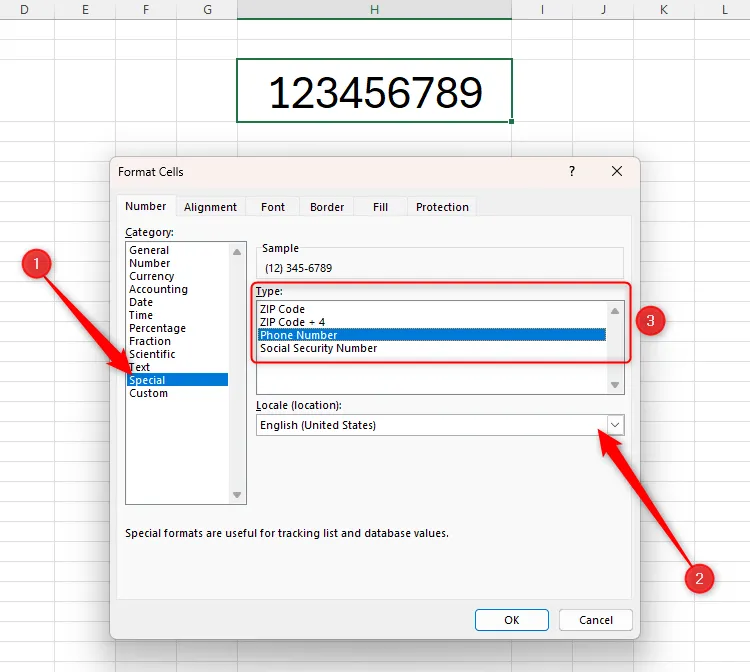 Định dạng số Special trong Excel, với US được chọn làm locale và tùy chọn Phone Number được chọn làm loại