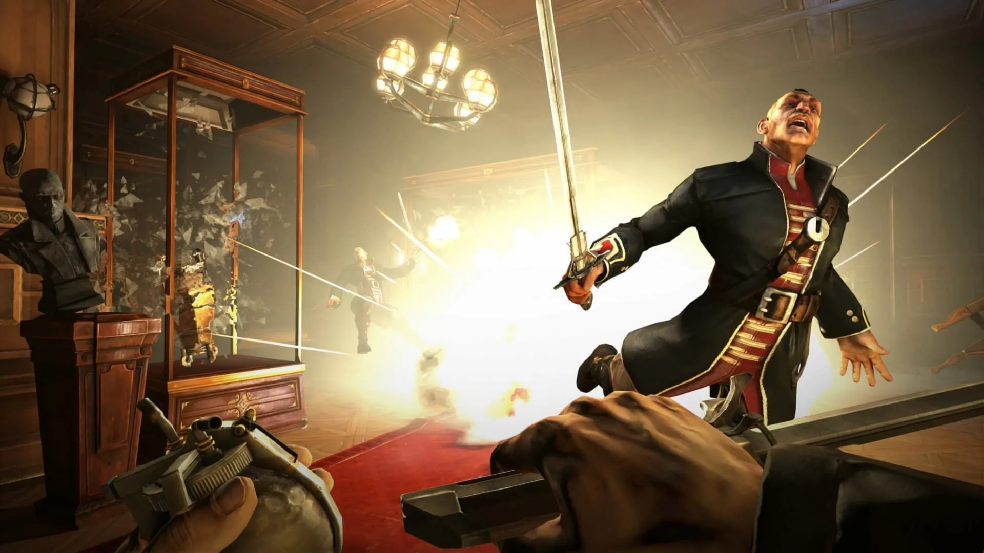 Dishonored player watching someone getting blown up.