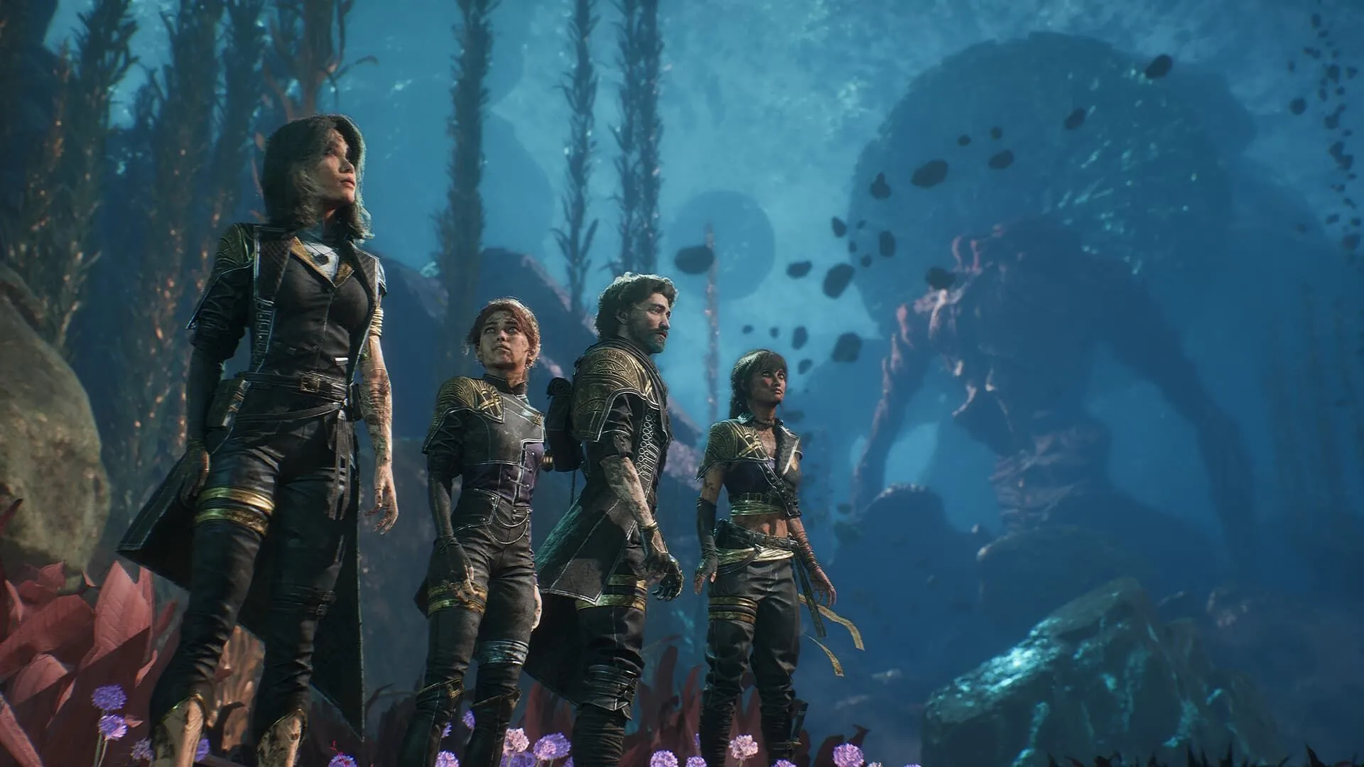 Đội hình các nhân vật trong game Clair Obscur: Expedition 33 đứng cùng nhau trong một khu vực tối, thể hiện đồ họa hiện đại của studio indie Sandfall Interactive.