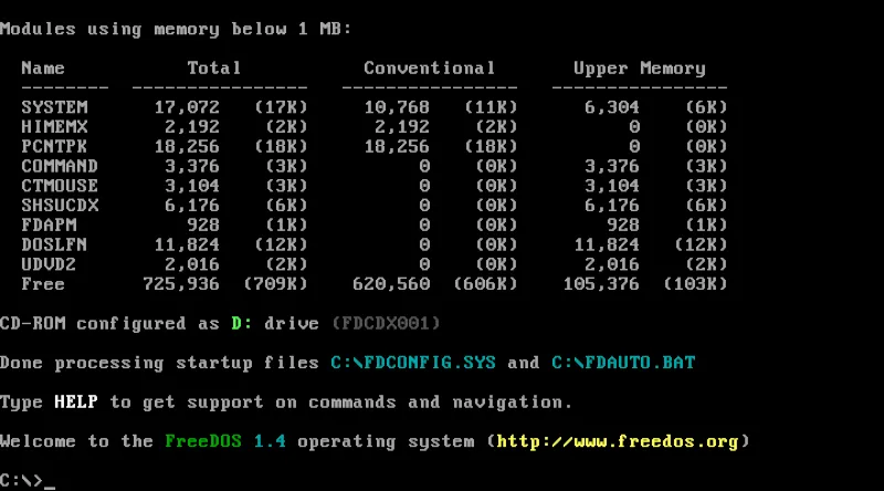 Dòng nhắc lệnh của FreeDOS tại màn hình console