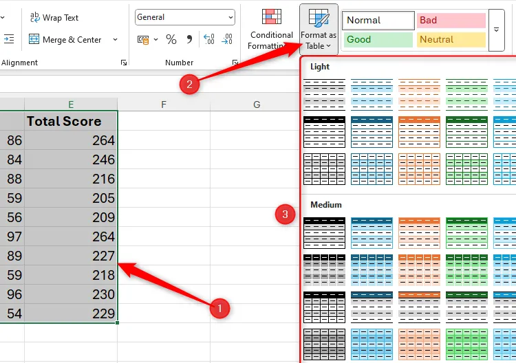 Dữ liệu trong Excel được chọn và menu Format As Table trong tab Home được mở rộng