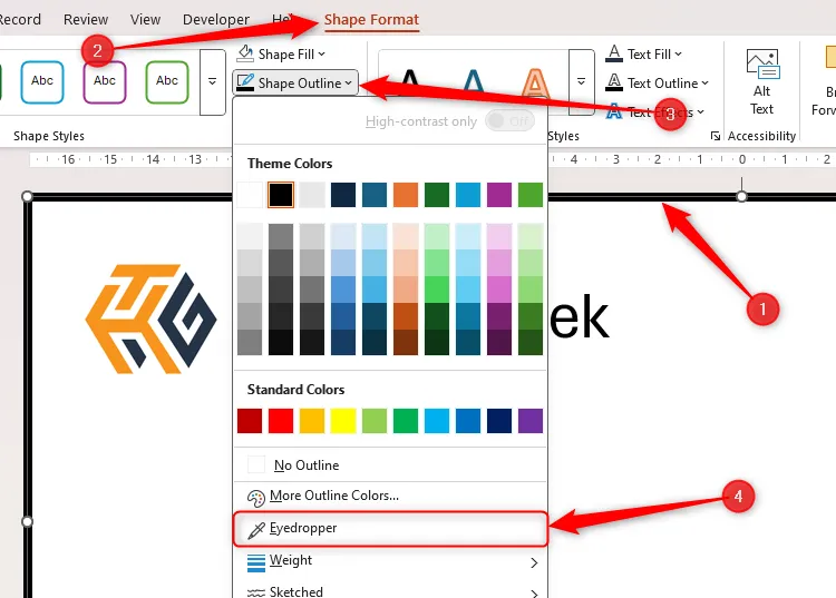 Đường viền trang chiếu trong PowerPoint được chọn, và công cụ 'Eyedropper' (Ống nhỏ giọt) được làm nổi bật trong menu thả xuống 'Shape Outline' (Đường viền Hình dạng).