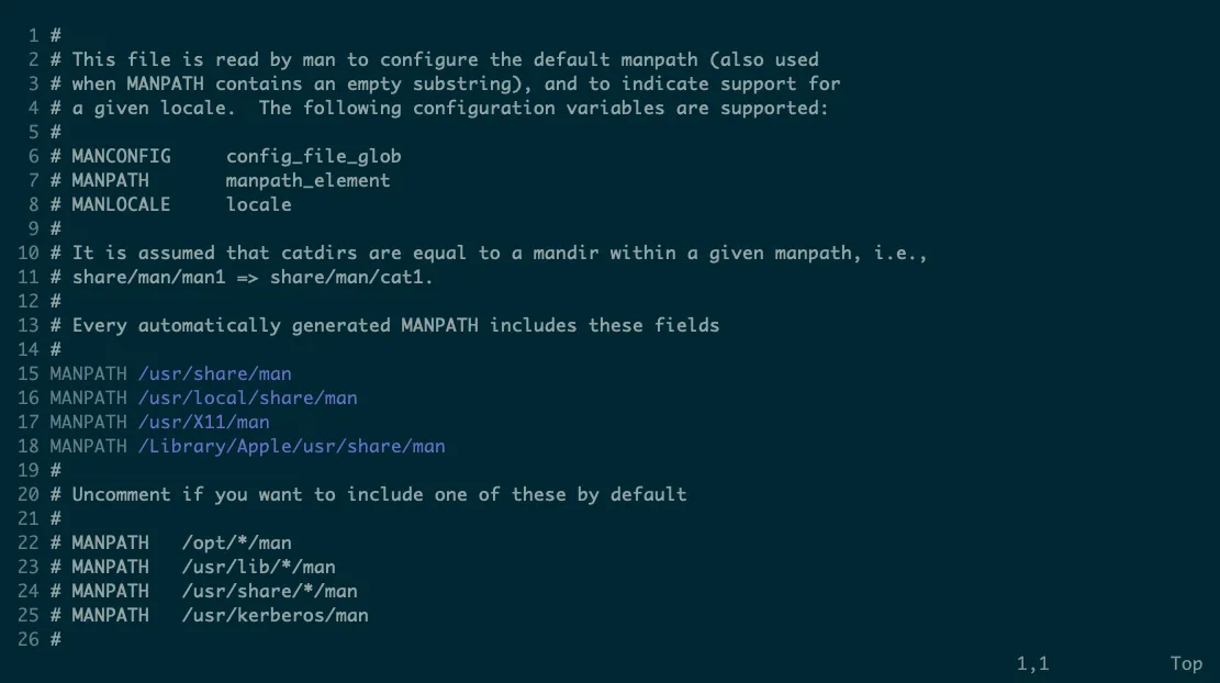 File cấu hình văn bản của Linux hiển thị các thiết lập với biến MANPATH, minh họa cho triết lý &quot;mọi thứ là văn bản&quot; của hệ điều hành Unix