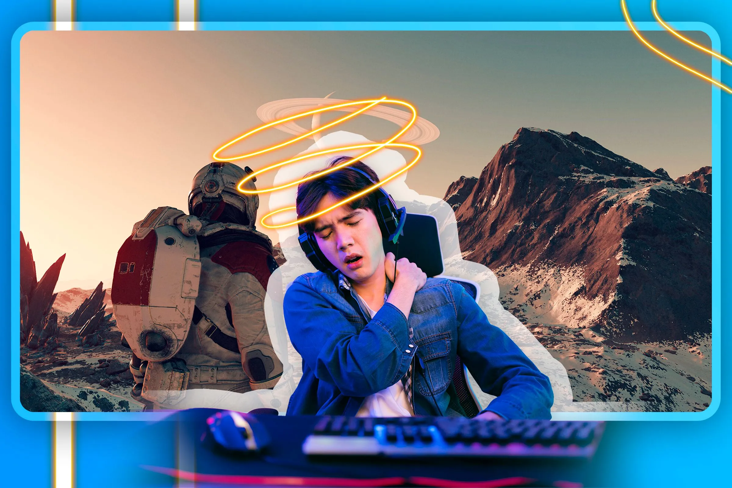 Game thủ với vẻ mặt mệt mỏi trước màn hình Starfield, hình ảnh điển hình của sự kiệt sức khi chơi game.