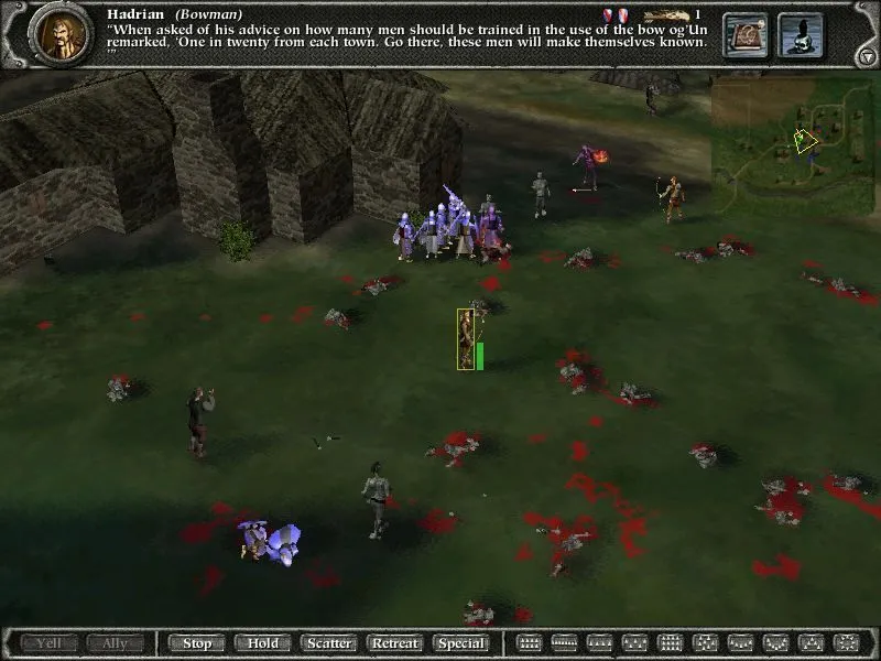 Gameplay trong Myth II: Soulblighter, tựa game chiến thuật thời gian thực (RTS) của Bungie, thể hiện các đơn vị và môi trường chiến đấu