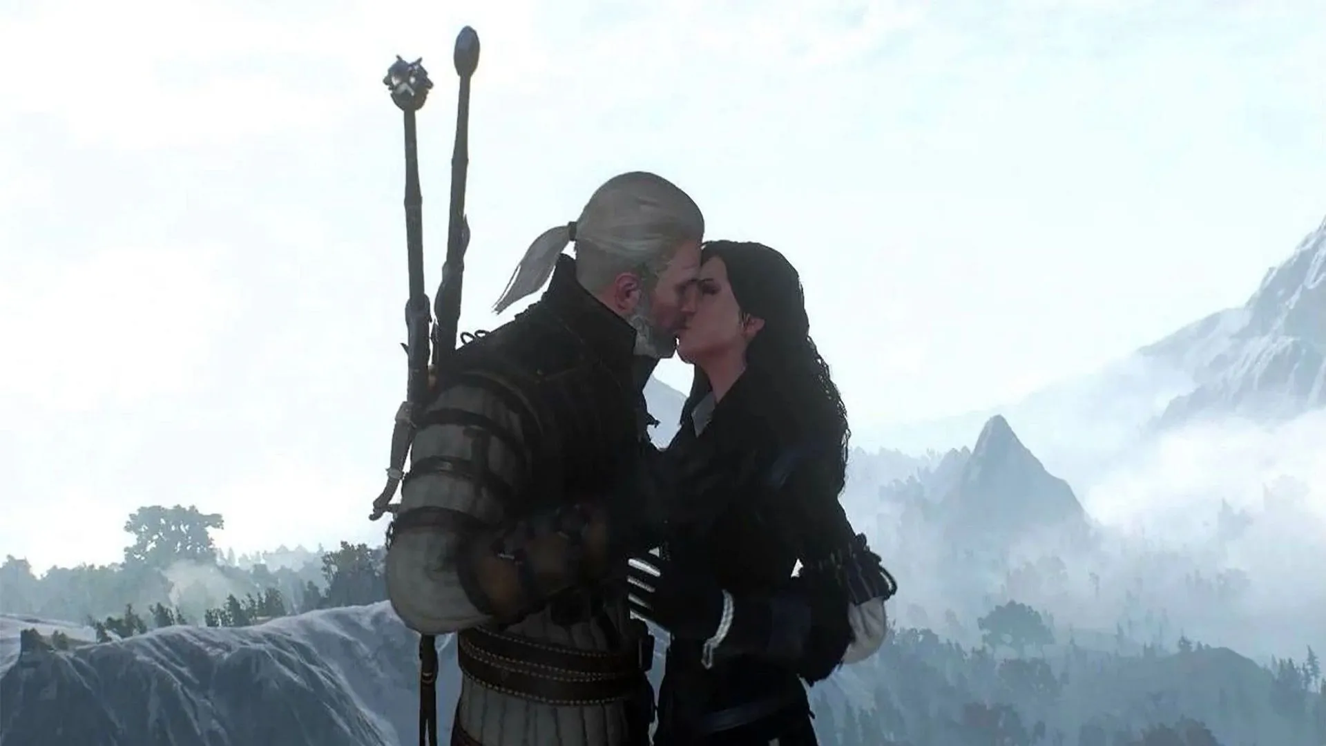 Geralt và Yennefer hôn nhau trong The Witcher 3, minh họa cách cơ chế romance có thể thay đổi cốt truyện và chiều sâu câu chuyện.