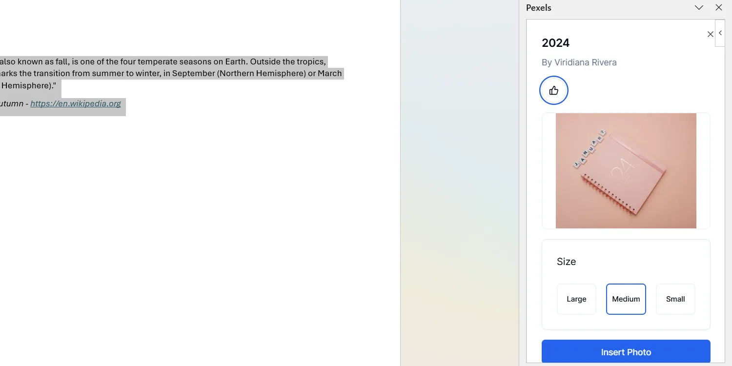 Giao diện add-in Pexels trong Word cho phép tìm kiếm và chèn ảnh stock miễn phí