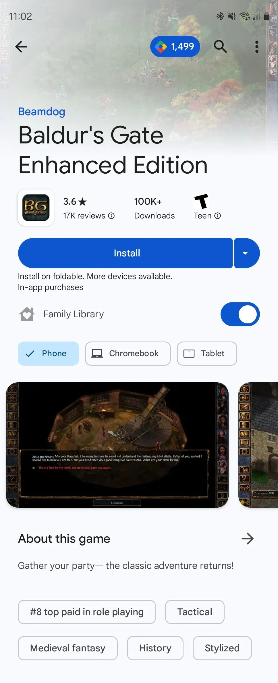 Giao diện Baldur's Gate (Baldur) trên Play Store, khẳng định sự phong phú của game RPG trên Android.