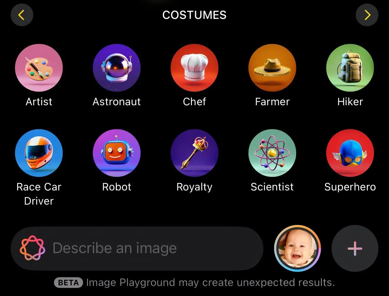 Giao diện bảng chọn phong cách &quot;trang phục&quot; trong Image Playground của Apple Intelligence trên iPhone