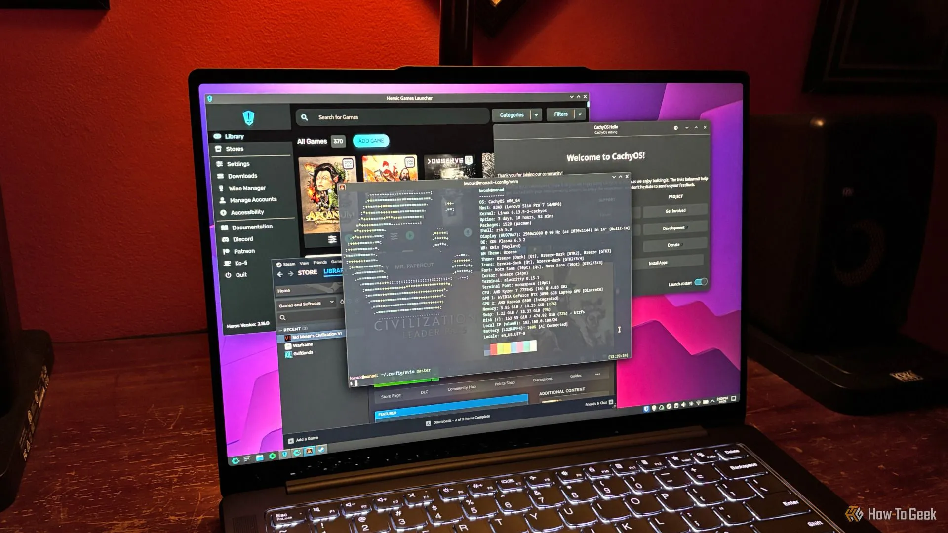 Giao diện CachyOS với Steam và Heroic Games Launcher