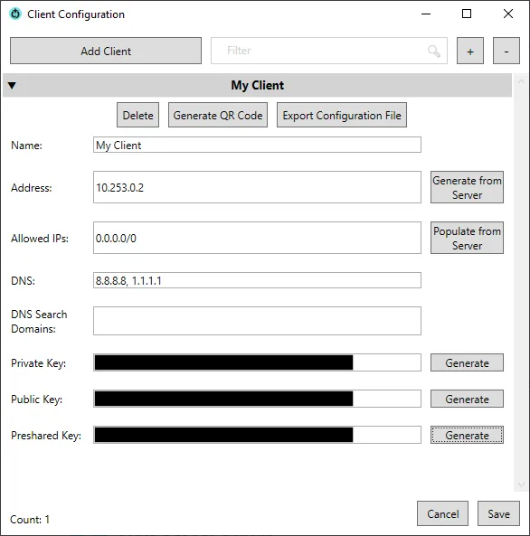 Giao diện cài đặt client Wireguard VPN trên Wg Server for Windows