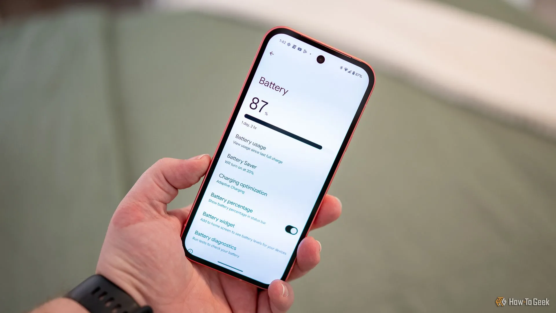 Giao diện cài đặt pin trên Google Pixel 9a hiển thị thời lượng sử dụng