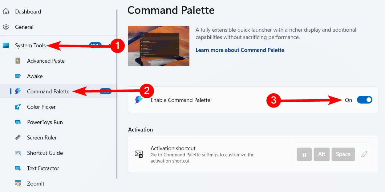 Giao diện cài đặt PowerToys, hiển thị cách kích hoạt (bật) tính năng Command Palette trên Windows.