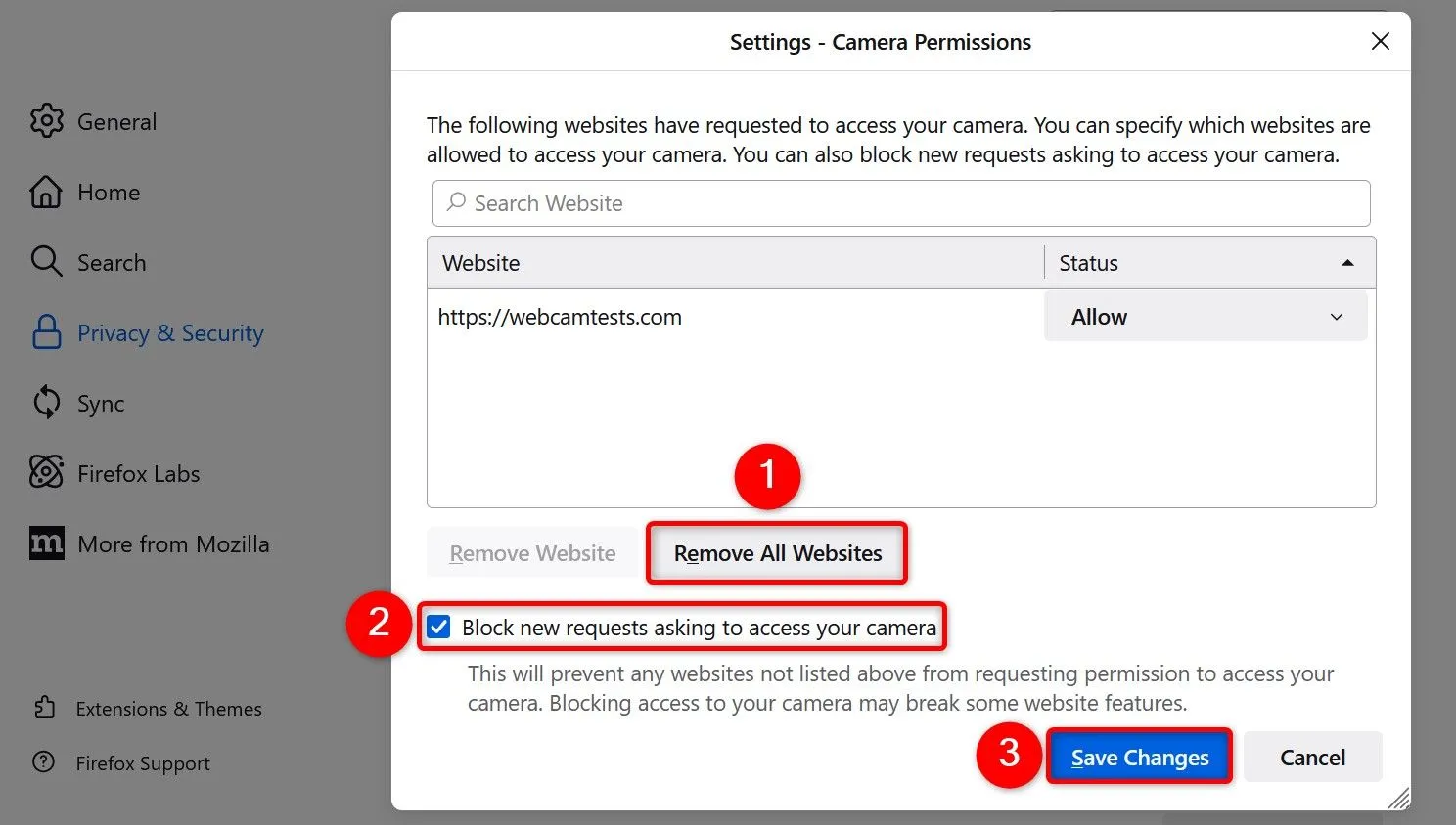 Giao diện cài đặt quyền truy cập camera trong Mozilla Firefox, hiển thị tùy chọn &quot;Chặn các yêu cầu mới yêu cầu truy cập Camera/Microphone&quot; và nút &quot;Lưu thay đổi&quot;.